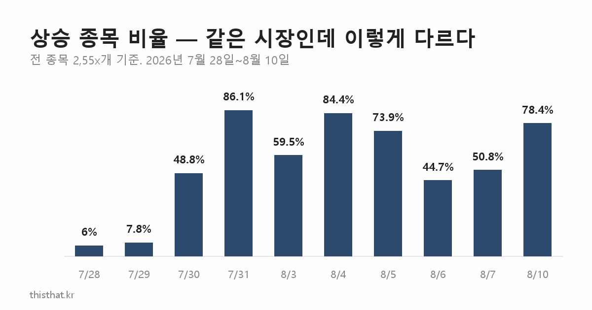 2026년 7월 28일부터 8월 10일까지 상승 종목 비율 막대그래프